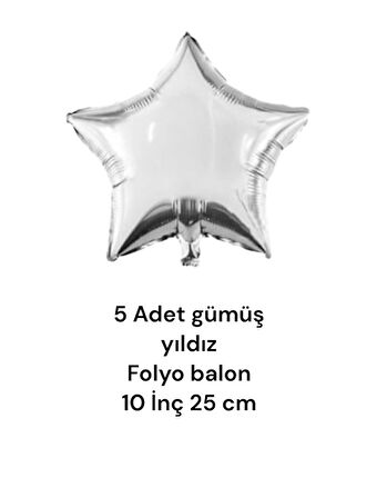 brokoli home 10 Inç 25 cm Gümüş Yıldız Folyo Balon Set 5 Li ,Doğum Günü,parti,kutlama