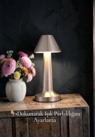 Dokunmatik Masa Ve Gece Lambası Dokunmatik Lamba Abajur Led Şarjlı Masa Lambası Ledli Silver 23cm