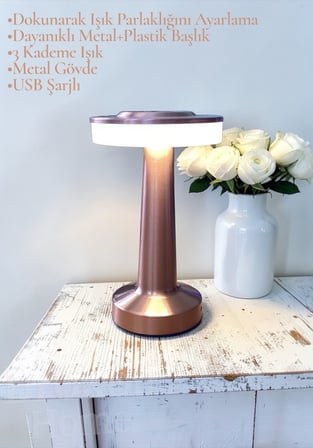 Dokunmatik Masa Ve Gece Lambası Dokunmatik Lamba Abajur Led Şarjlı Masa Lambası Ledli Rose Gold 21Cm