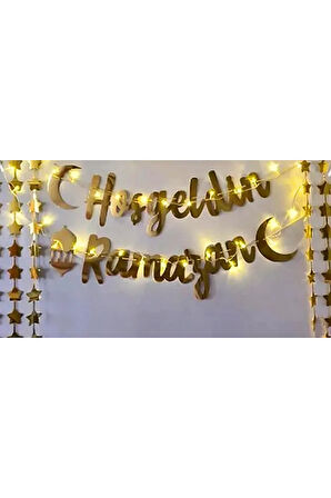 Hoşgeldin Ramazan Işıklı 3 Metre Peri Led Ramazan Gold Yıldız Banner Ramazan Seti