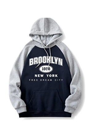 Unisex Siyah-Gri Brooklyn 1898 New York Baskılı Oversize Kapşonlu Sweatshirt