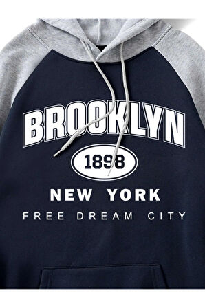 Unisex Siyah-Gri Brooklyn 1898 New York Baskılı Oversize Kapşonlu Sweatshirt