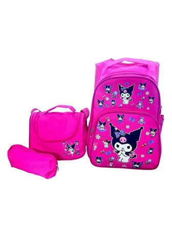 KUROMİ DESENLİ Üçlü Kız Çocuk İlkokul  Okul Çantası + Termal Beslenme Çantası + Kalemlik