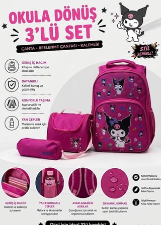 KUROMİ DESENLİ Üçlü Kız Çocuk İlkokul  Çantası + Termal Beslenme Çantası + Kalemlik