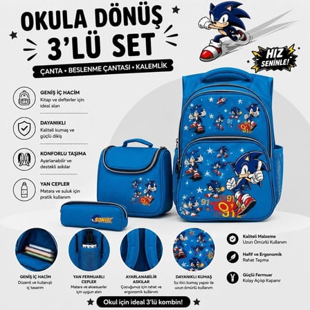 SONIC DESENLİ Açık Mavi Üçlü Erkek Çocuk İlkokul Çantası + Termal Beslenme Çantası + Kalemlik
