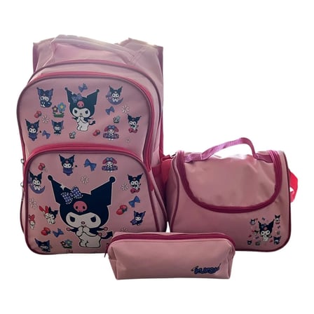 KUROMİ DESENLİ Pudra Renk Üçlü Kız Çocuk İlkokul Çantası + Termal Beslenme Çantası + Kalemlik