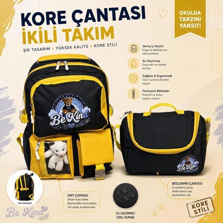 Kore Tarzı Ayıcıklı İlkokul Çantası ve Termal Beslenme Çantası 2'li Set
