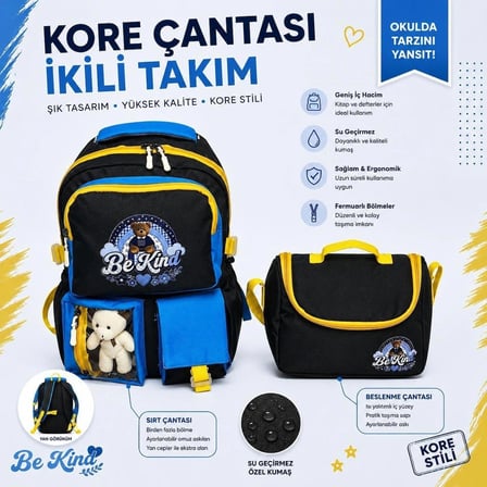 Kore Tarzı Ayıcıklı İlkokul Çantası ve Termal Beslenme Çantası 2'li Set
