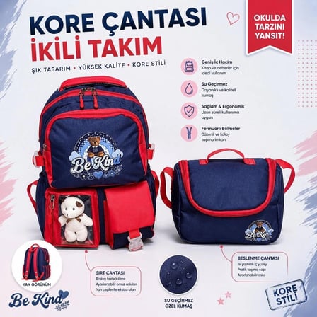 Kore Tarzı Ayıcıklı İlkokul Çantası ve Termal Beslenme Çantası 2'li Set
