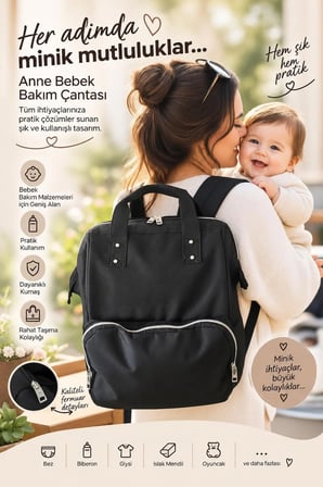 SİYAH Anne Bebek Bakım Çantası