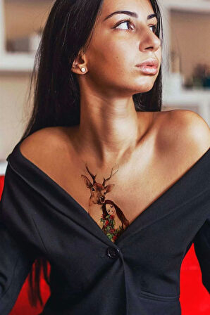 Geçici Geyik Ve Kadın Modelli Dövme Tattoo