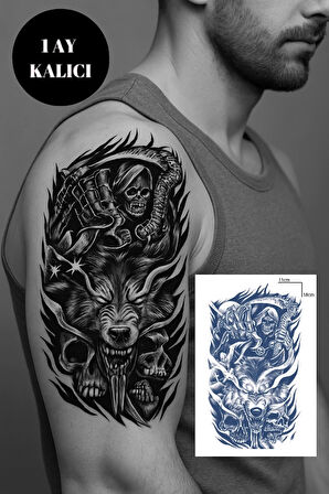 Kurt Ve Kuru Kafa Figürlü 12 Saat Sonra Kararan Geçici Orta Dövme Tattoo