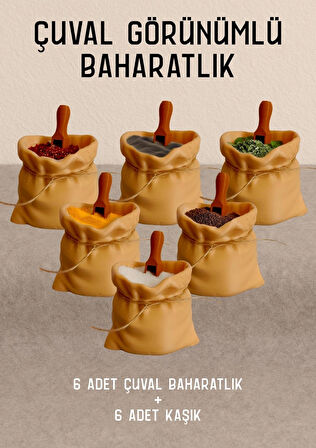 6'lı Çuval Görünümlü Kaşıklı Baharatlık Seti-Baharatlık Takımı-Baharatlık
