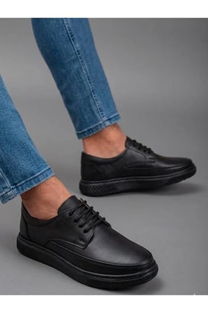 Erkek Hakiki Deri Siyah Casual Günlük Ayakkabı Ortopedik Taban Comfort Sneaker