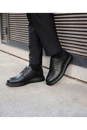 Erkek Hakiki Deri Siyah Klasik Casual Ayakkabı Ortopedik Taban Comfort Derby