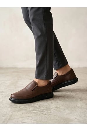 Erkek Hakiki Deri Siyah Bağcıksız Slip-on Günlük Casual Ayakkabı Ortopedik Taban Loafer