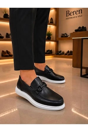 Erkek Hakiki Deri Siyah Tokalı Beyaz Tabanlı Loafer Ortopedik Taban Mokasen