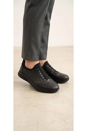 Erkek Hakiki Deri Siyah Esnek Boğazlı Casual Ayakkabı Ortopedik Taban Sneaker