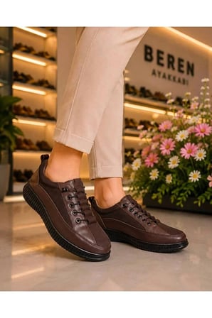 Kadın Hakiki Deri Kahverengi Casual Ayakkabı Ortopedik Taban Süet Kombin Sneaker