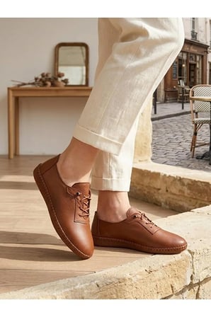 Hakiki Deri Taba Kadın Yürüyüş Ayakkabı Ortopedik Taban Düz Esnek Bağcıklı Comfort Sneaker