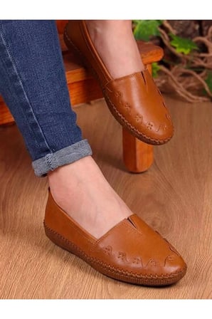 Hakiki İndigo Mavi Kadın Babet Ortopedik Taban Düz Motifli Slip-On Comfort Ayakkabı