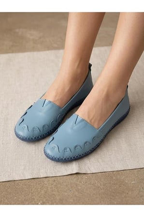 Hakiki İndigo Mavi Kadın Babet Ortopedik Taban Düz Motifli Slip-On Comfort Ayakkabı