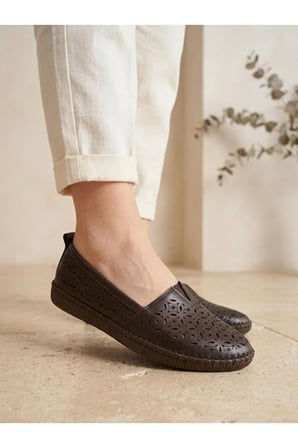 Hakiki Deri Taba Kadın Babet Ortopedik Taban Lazer Delikli Slip-On Comfort Günlük Ayakkabı