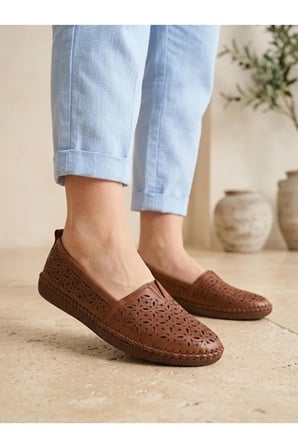 Hakiki Deri Taba Kadın Babet Ortopedik Taban Lazer Delikli Slip-On Comfort Günlük Ayakkabı
