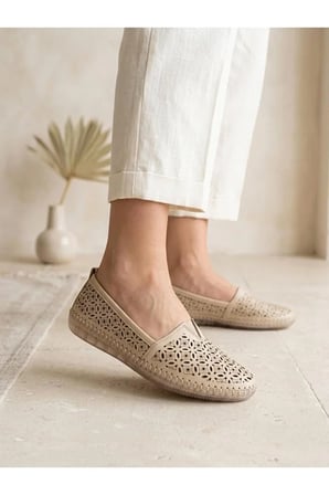 Hakiki Deri Taba Kadın Babet Ortopedik Taban Lazer Delikli Slip-On Comfort Günlük Ayakkabı