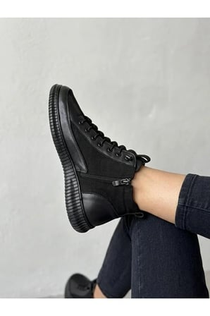 Hakiki Deri Siyah Kadın Bot Süet Garnili Bağcıklı Ortopedik Comfort Günlük Casual Sneaker Bot