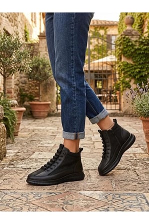 Hakiki Deri Siyah Kadın Bot Süet Garnili Bağcıklı Ortopedik Comfort Günlük Casual Sneaker Bot
