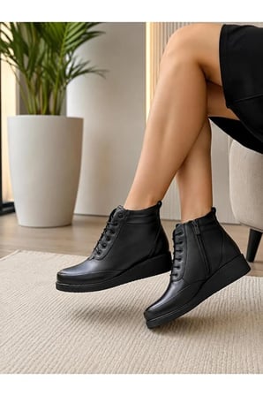 Hakiki Deri Siyah Kadın Bot Ortopedik Dolgu Taban Bağcıklı Fermuarlı Comfort Casual Günlük Bot