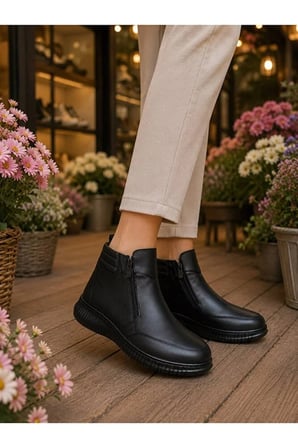 Hakiki Deri Siyah Kadın Bot Ortopedik Düz Taban Çift Fermuarlı Comfort Casual Günlük Sneaker Bot