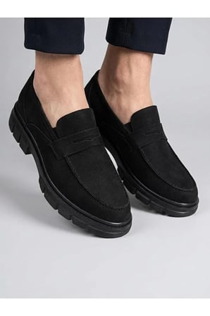 Erkek Siyah Nubuk Deri Ortopedik Taban Penny Loafer Casual Günlük Ayakkabı