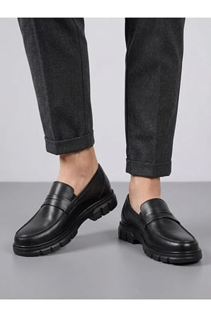 Erkek Siyah Hakiki Deri İç Ortopedik Taban Penny Loafer Günlük Casual Ayakkabı