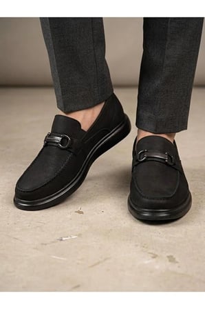 Erkek Siyah Hakiki Nubuk Deri Metal Tokalı Ortopedik Taban Loafer Ayakkabı
