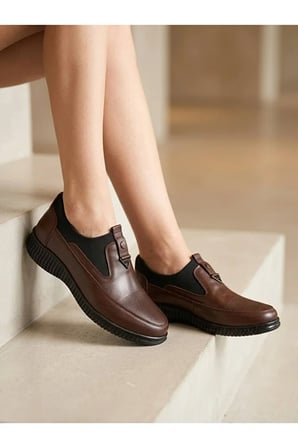 Hakiki Deri Acı Kahve Kadın Ayakkabı Ortopedik Taban Bağcıksız Comfort Casual Günlük Sneaker