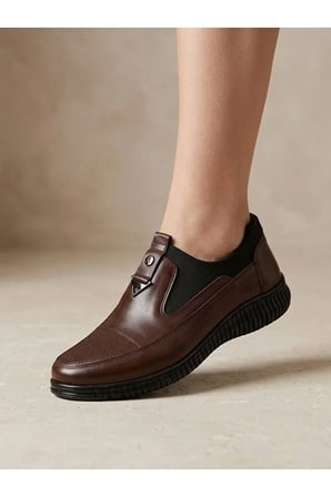 Hakiki Deri Acı Kahve Kadın Ayakkabı Ortopedik Taban Bağcıksız Comfort Casual Günlük Sneaker