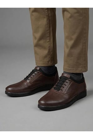 Erkek Kahverengi Hakiki Deri İç Ortopedik Taban Bağcıklı Casual Günlük Sneaker Ayakkabı