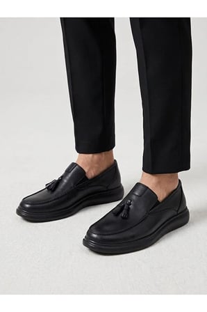 Erkek Siyah Hakiki Deri Püsküllü Ortopedik Taban Tassel Loafer Ayakkabı