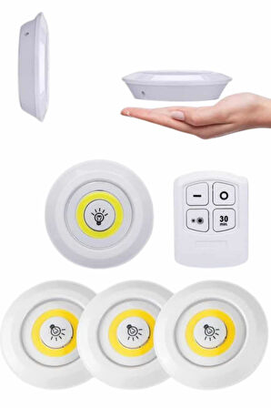 Yapışkanlı 3'lü Spot Led Işık Lamba Montajsız Pilli Uzaktan Kumandalı