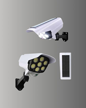 77 LED'li Güneş Enerjili Güvenlik Lambası ve Kukla Kamera – Hareket Sensörlü, 2400mAh Pilli