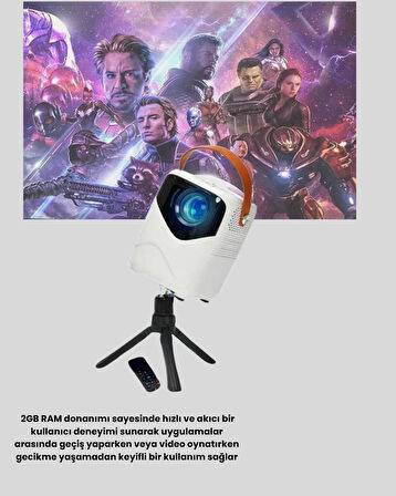 Mini Akıllı Projektör – 1080P Full HD, 64GB Depolama, 2GB RAM, Uzaktan Kumanda Destekli