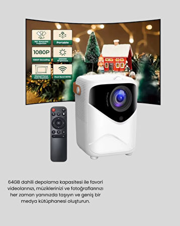 Taşınabilir Akıllı 1080P Projektör – 64GB Hafıza, 2GB RAM, Full HD Görüntü, Kumandalı