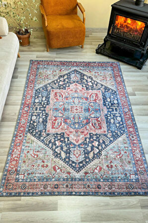 Klasik Etnik Desen Vintage Dokuma Şönil Halı Yıkanabilir Eskitme Salon Halısı Kilim