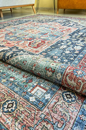 Klasik Etnik Desen Vintage Dokuma Şönil Halı Yıkanabilir Eskitme Salon Halısı Kilim