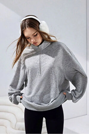 Simyon Styles Kadın Uzun Kollu Gri Melanj Oversize Casual Rahat Kesim Yarım Fermuar Sweatshirt