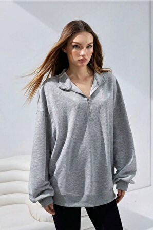 Simyon Styles Kadın Uzun Kollu Gri Melanj Oversize Casual Rahat Kesim Yarım Fermuar Sweatshirt