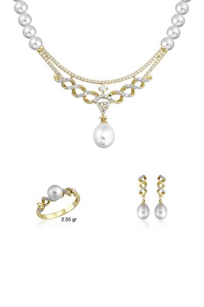 Birinci1926 14 Ayar Altın Kadın Burgu Detay Taşlı İnci Set