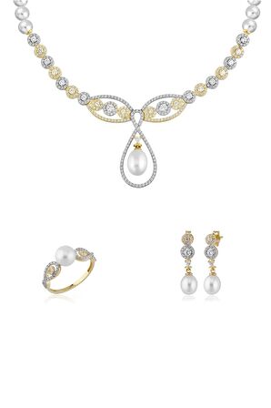 Birinci1926 14 Ayar Altın Kadın Yuvarlak Taşlı İnci Set
